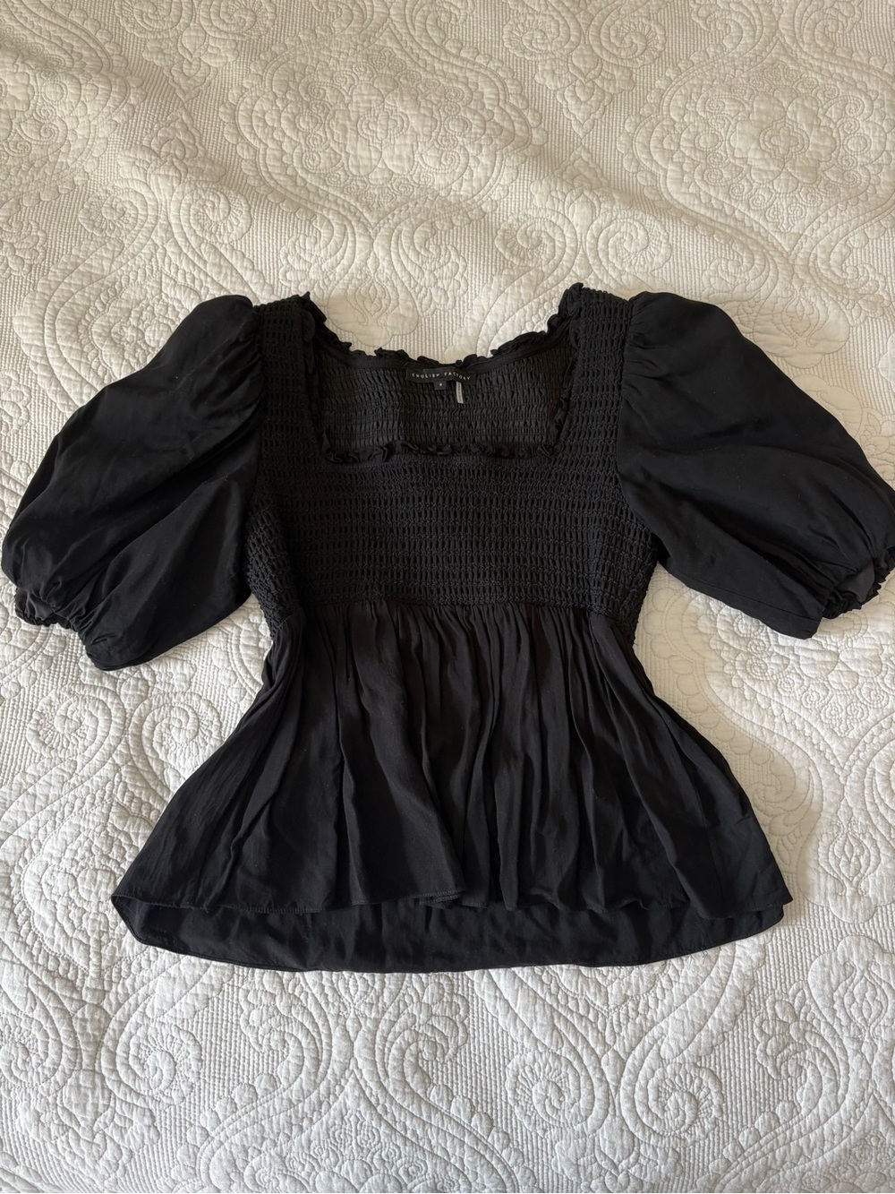English Factory Black Smocked Square-Neck Puff-Sleeve Blouse